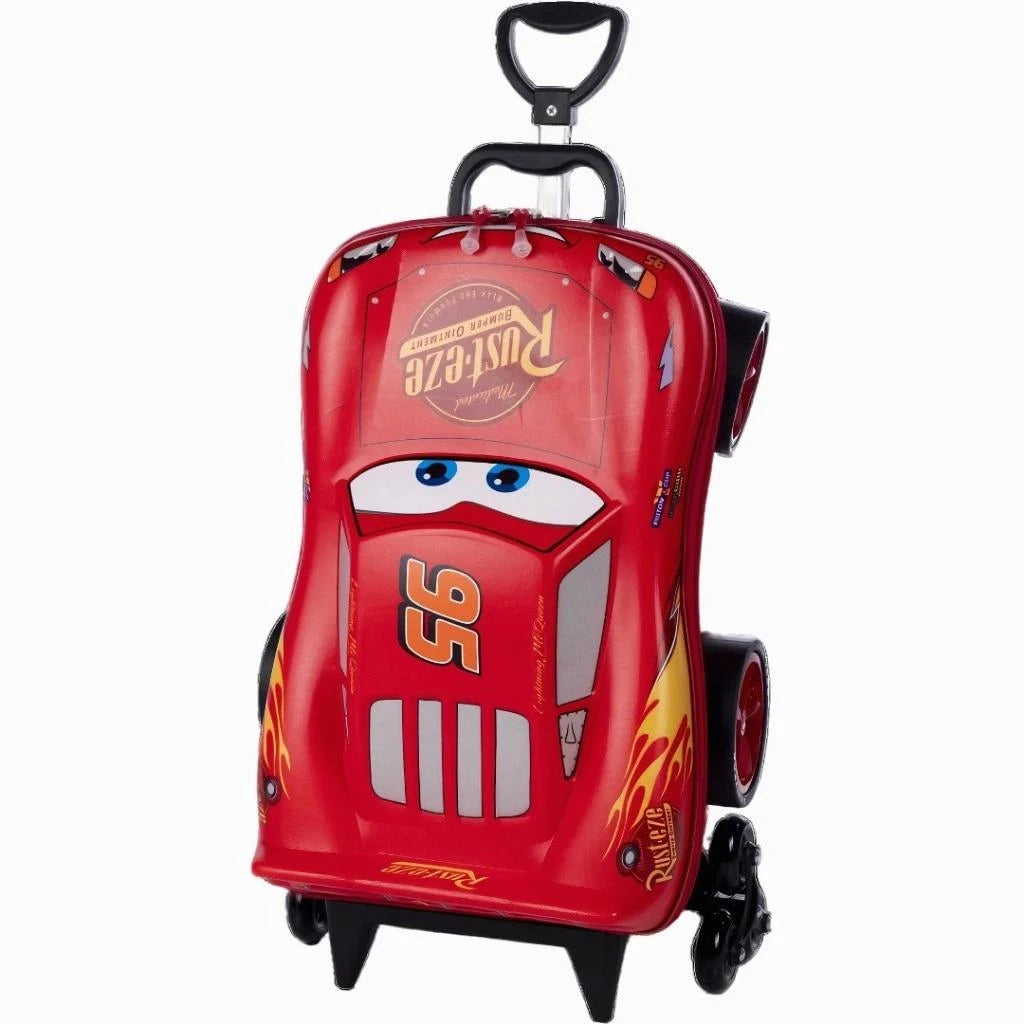 Mochila Infantil Cars Relâmpago McQueen 3D com Rodinhas Triplas Formato de Carro Alça Retrátil